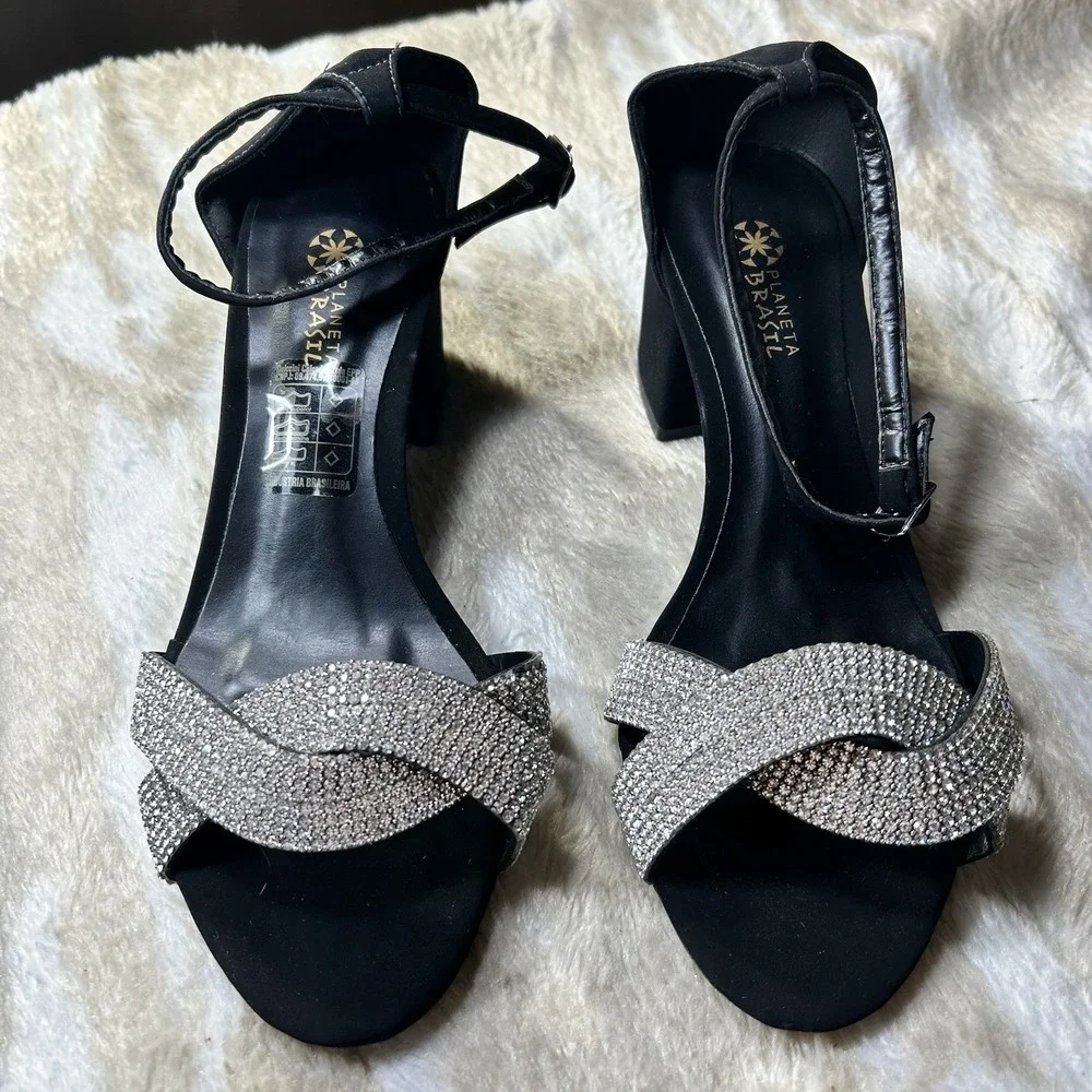 Planeta Brasil Women Black Rhinestone Block Heel Ankle Strap Sandals Size 37 6.5